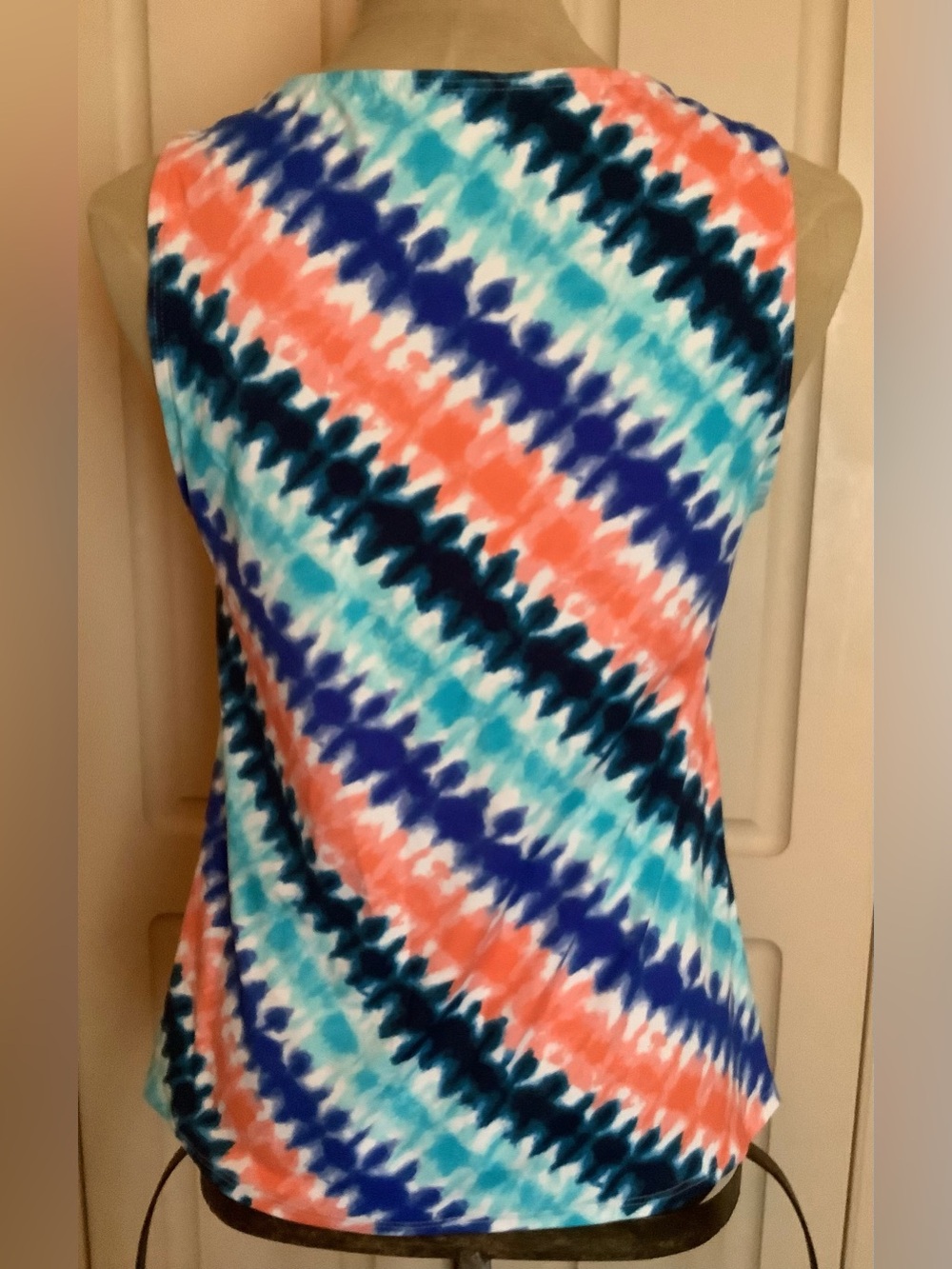 Lands End Tankini Swim Top-Orange Aqua Blue White Diagonal-High Neck-12P-NWOT - Picture 4 of 8
